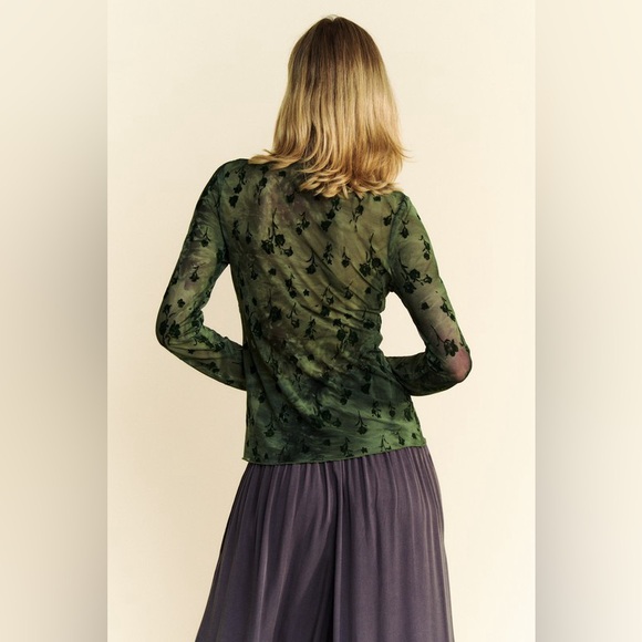 179B. Floral Mesh Long Sleeve Sheer Top - Olive - Picture 2 of 5